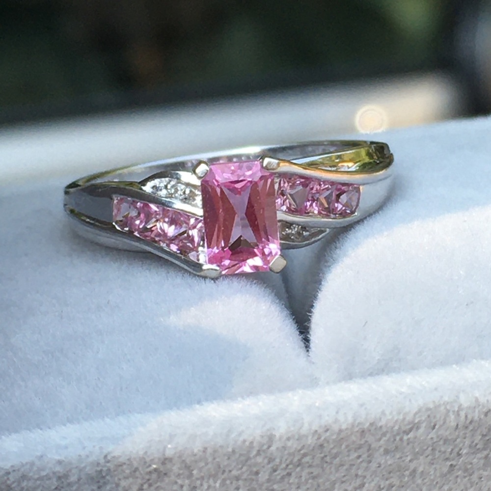 10k Solid White Gold Pink Topaz & Diamond Ring - Picture 8 of 15